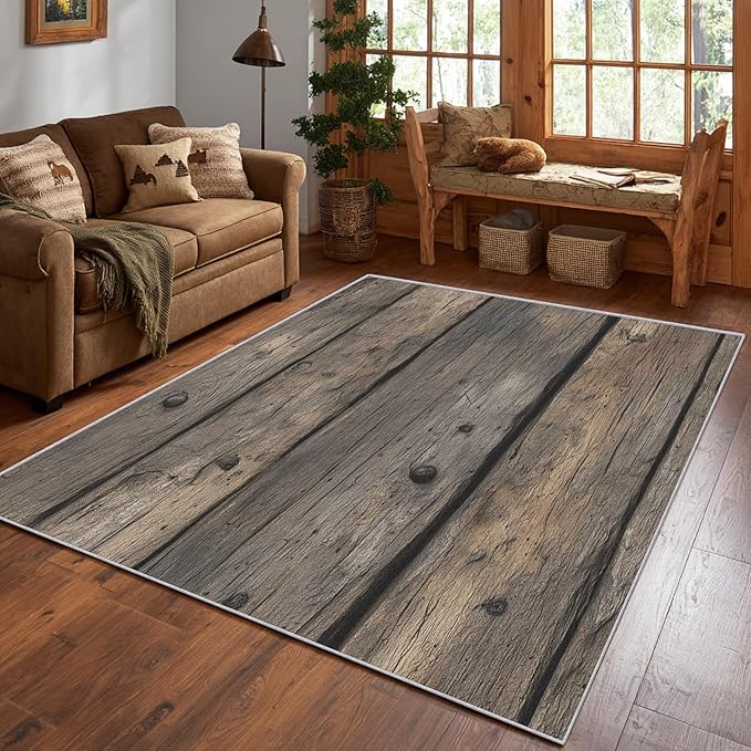 Wood Plank Farmhouse Area Rug, Rustic Vintage Texture Pattern Carpet, Washable Non Slip Low Pile Soft Thin, Living Room Bedroom Home Decor Mat 5x7ft