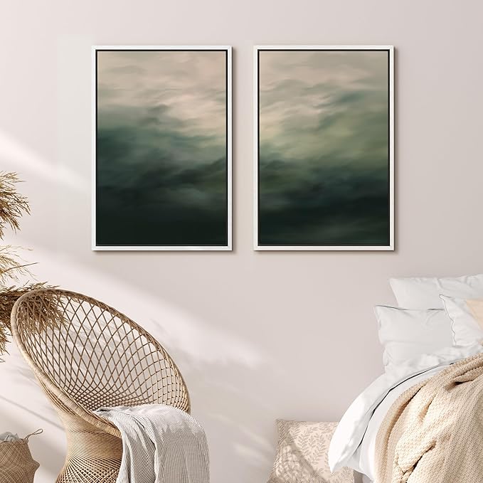 MUDECOR Framed Canvas Print Wall Art Dark Green Abstract Misty Landscape Moody Illustrations Modern Art Decorative Chic for Living Room, Bedroom, Office - 16"x24"x2 White
