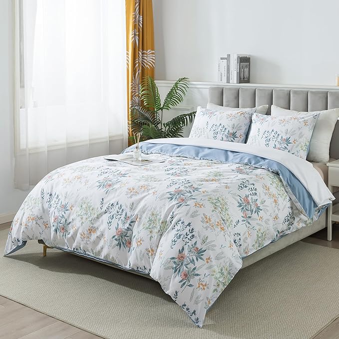 HoneiLife Floral Duvet Cover Queen - 100% Cotton Comforter Cover, Botanical Bedlinen Set with Zipper Closure & Corner Ties, 3-pcs Wildflower Comforter Cover Sets