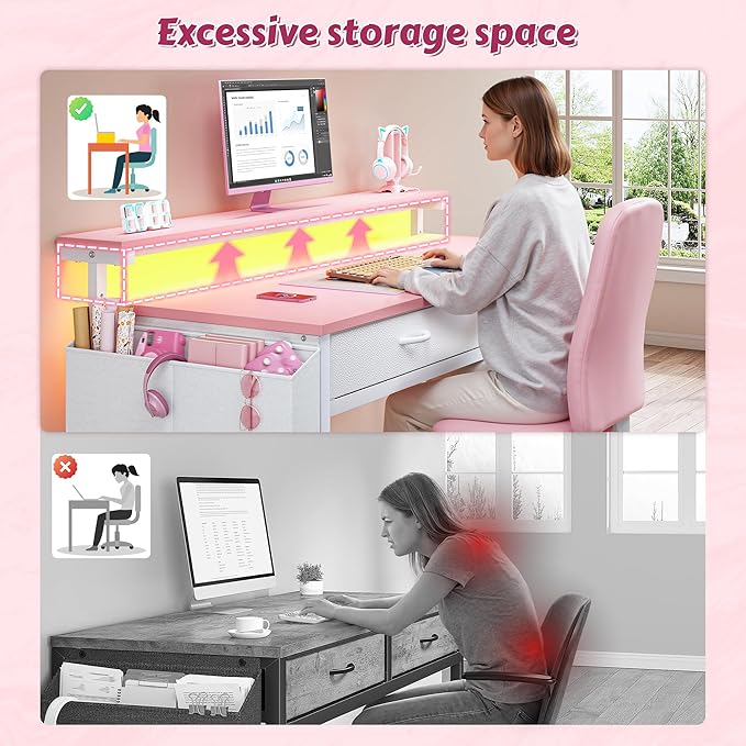 DurayLoly 39.4Inch Office Computer Desk with LED Lights & 2 Fabric Drawers, Gaming Desk with Side Pocket & Ergonomic Monitor Stand, Small Space Study Writing Table with Anti-Tip Design,Pink