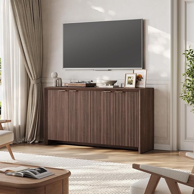 ONBRILL Fluted Sideboard Buffet Cabinet with Storage, Wooden Modern Fluted Sideboard with 4 Doors and 5 Adjustable Shelves, Coffee Bar Table for Dining Room, Hallway, Kitchen (Dark Walnut)