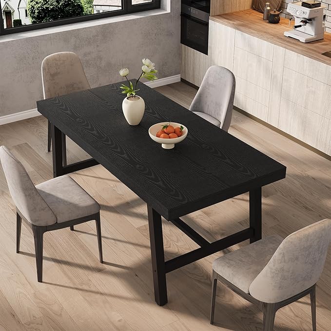 GarveeHome Industrial Dining Table for 4-6 People, 63" Long Wooden Kitchen Table with Sturdy Metal Frame & Black Finish - Seats 4 Rectangular Counter for Dinner, Kitchen, Dining Room - Black