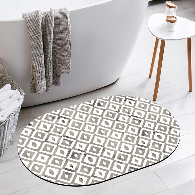 Diatomaceous Mud Bath Mat Grey Modern Geometric Oval Soft Wrinkle Free Bathroom Floor Rugs Non-Slip Super Absorbent Fast Drying Bath Rug for Bathroom Kitchen Door Mat 23.6x15.7 Inches