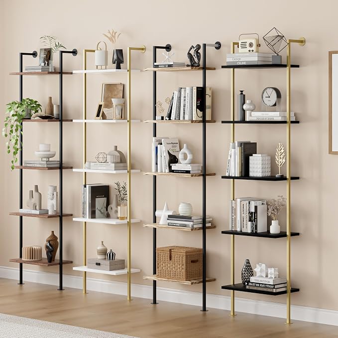 Acovy 5-Tier Bookshelf Solid Wood Ladder Shelf, Narrow Book Shelf Display Shelf, Wooden Bookcase, Wall Mount Ladder Shelf, Storage Rack for Living Room, Bedroom, Industrial Style, Dark Brown
