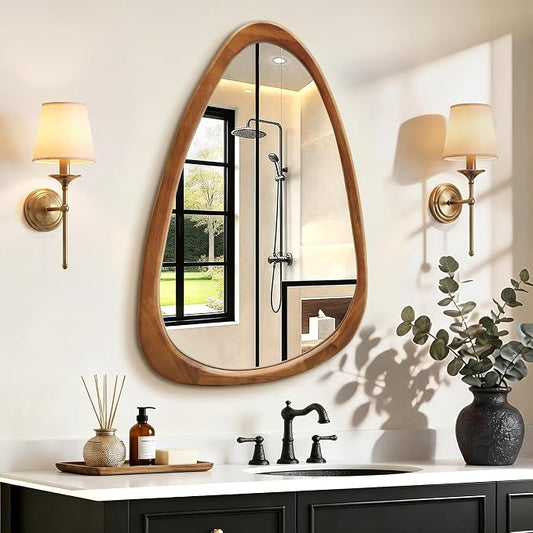 Asymmetrical Mirror, 30"x20" Unique Irregular Wall Mirror, Wood Mid Century Modern Mirror Decor for Bathroom Bedroom Living Room Entryway Hallway (Natural Wood)