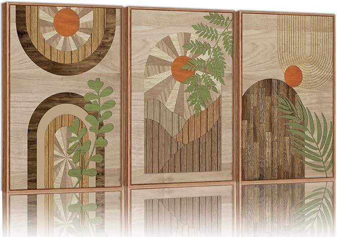 KYLESONLIE Mid Century Modern Framed Canvas Wall Art Set, Boho Wood Geometric Panel Wall Decor, Rustic Wooden Arch Art Painting, Pastel Sage Green Leaf Artwork for Living Room Bedroom Office 16"x24"x3