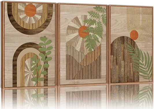 KYLESONLIE Mid Century Modern Framed Canvas Wall Art Set, Boho Wood Geometric Panel Wall Decor, Rustic Wooden Arch Art Painting, Pastel Sage Green Leaf Artwork for Living Room Bedroom Office 16"x24"x3