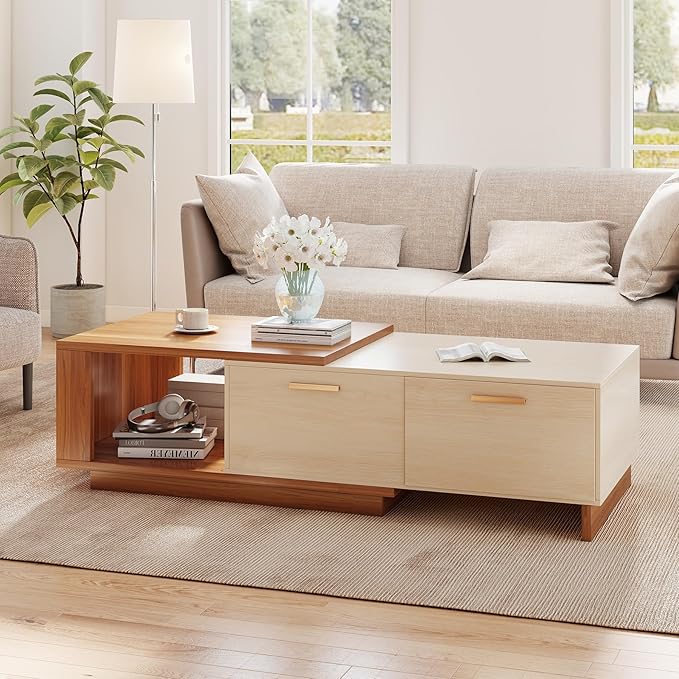 42"- 65" Extendable Coffee Table with Storage, Reversible Wood Coffee Table with 2 Drawers, Two-Tone Large Adjustable Center Table for Living Room, Office (Walnut B)