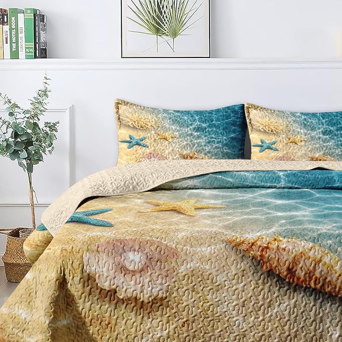 Pamnest Quilt Set Twin Size, Summer Beach Seashell 2 Pcs Soft Bed Cover Bedding Set for Kids and Adults, Blue Ocean Sea Shell Lightweight Bedspread Coverlet with Pillow Sham for All Season