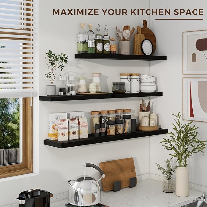 Dreamland 48 inch Floating Shelves for Wall Large Wall Mounted Shelves with Invisible Brackets, Black Long Shelves for Bathroom, Living Room, Kitchen, Office, 48x9.1 inch deep Set of 2