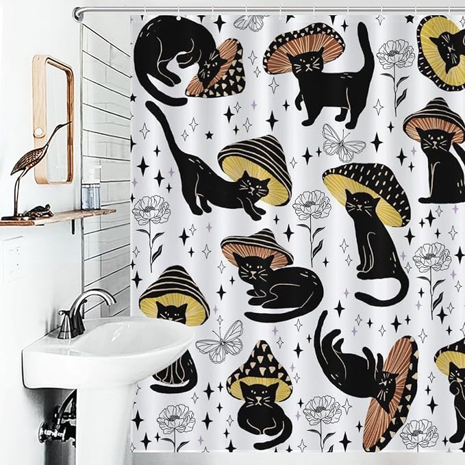 Cat Shower Curtain,Retro Funny Mushroom Star Floral Gothic Print Bathroom Curtain Polyester Waterproof Fabric Decor 66x72in（168x183cm）
