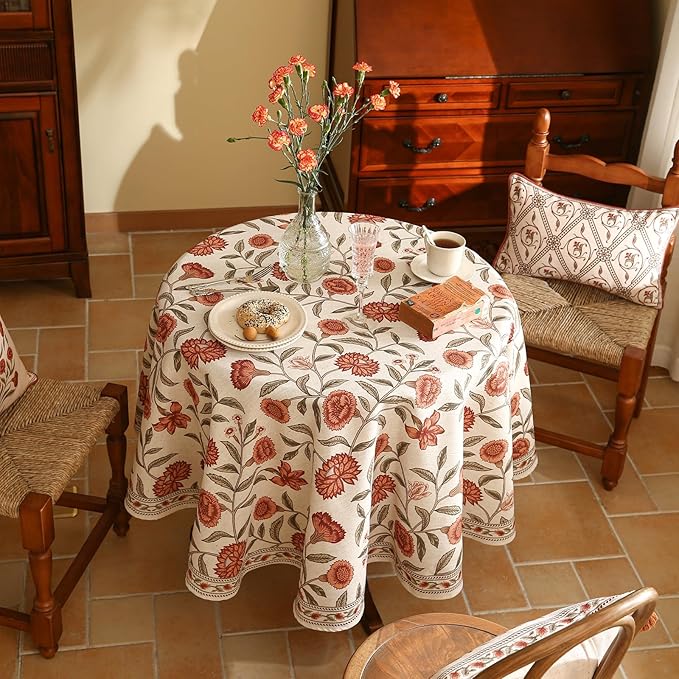 ISAENNE Designer French Round Tablecloth,Linen Orange Floral Pattern Indoor Table Cloth,Wrinkle Resistant Decor Table Cloth for Dining Thanksgiving Kitchen Party,Diameter 67"-Alvarado D