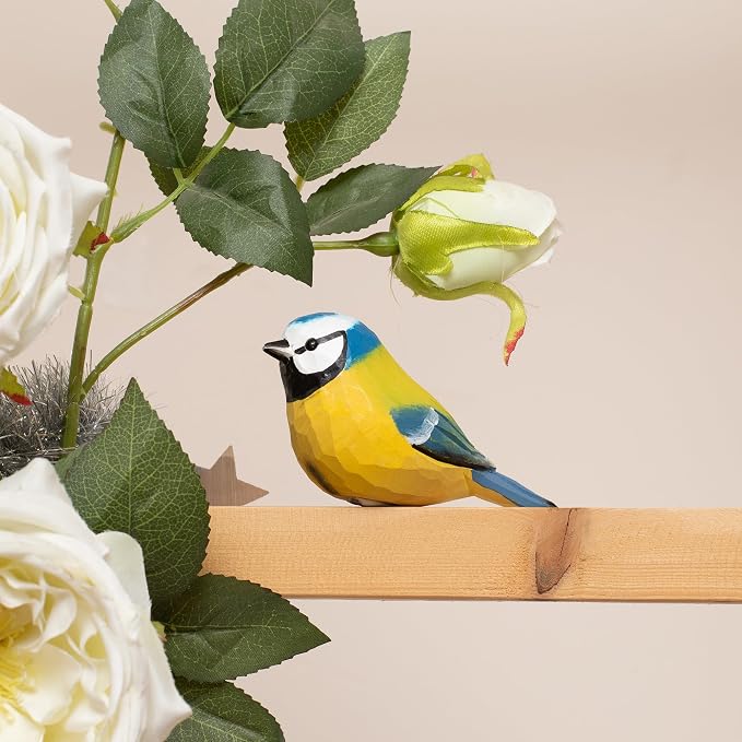 Handmade Eurasian Blue Tit Bird Figurine, Wooden Eurasian Blue Tit Carving, Unique Small Bird Statue for Home Décor or Collectible Gift