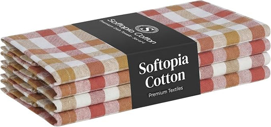 Multi Checkered Dish Towels 4 Pack, 18x26 Inches, 100% Cotton Kitchen Cloths, Quick Drying Wash Rags, Reusable & Absorbent, Washable Towels for Cleaning, Cooking - Rust, Tan, Natural