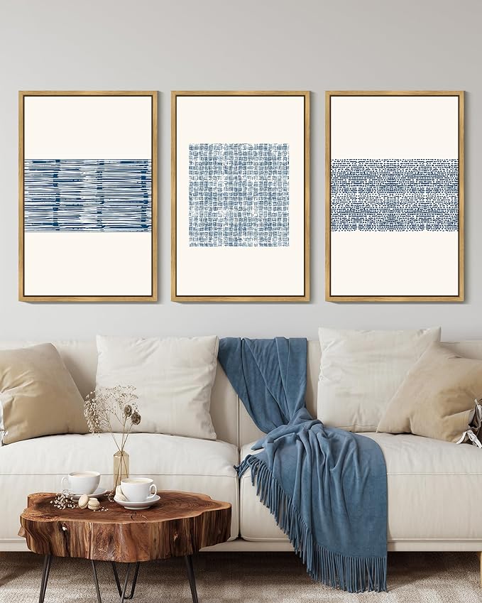 PHOPAGO 16x24in Large Blue Abstract Framed Wall Art Modern Boho Neutral Line Wall Decor Minimalist Geometric Artwork Bedroom Living Room Natural Framed