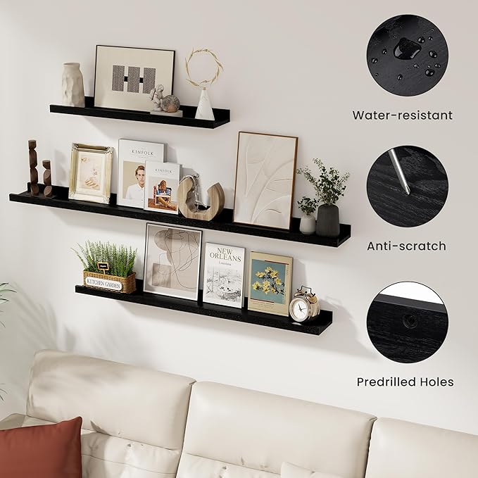 Solid Ash Wood Picture Ledge Shelf, 24 Inch Floating Shelves with Lip Set of 2, Picture Ledge Shelf, Photo Ledge Shelves Nursery Bookshelf Wall Mounted for Living Room Bedroom Decor, Black