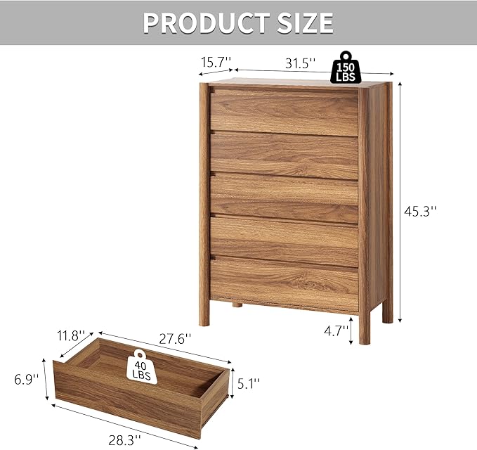 CHUWELL 5 Drawer Dresser for Bedroom，45" Tall Mid Century Chest of Drawers with 5 Large Storage Space and 4 Solid Wood Cylindrical Legs, Large Dresser for Bedroom(Walnut)