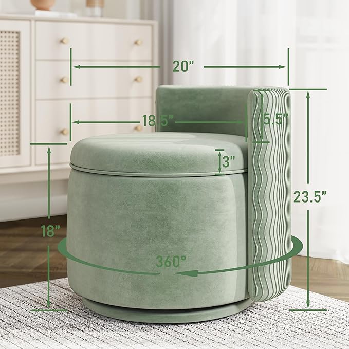 360° Swivel Accent Chair with Storage, Vanity Stool with Back, Velvet Storage Ottoman, Upholstered Round Barrel Vanity Chair for Living Room, Makeup Room, Bedroom (Green)