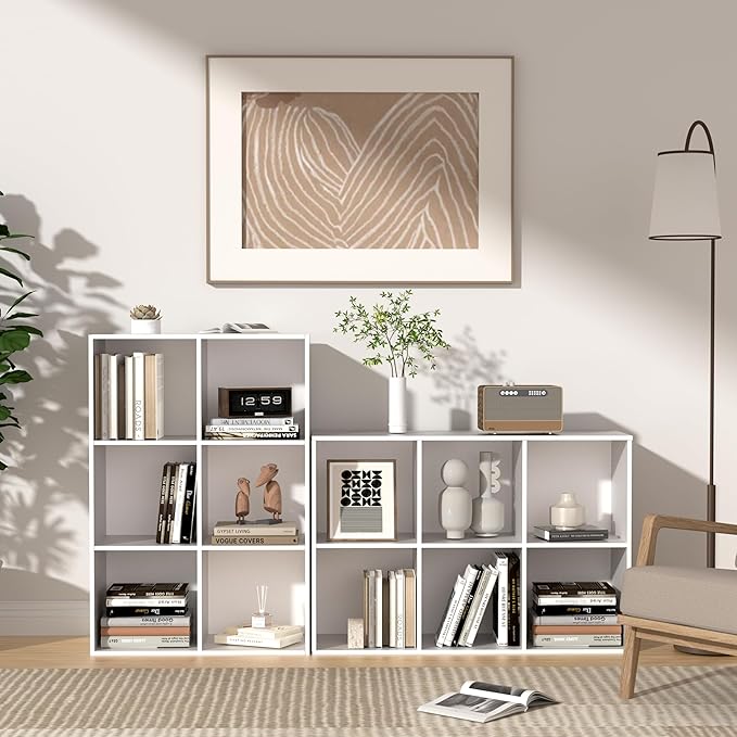6 Cube Storage Organizer with Legs, 3 Tier Cube Low Bookcase Freestanding Storage Display Organizer for Home Office, Three-Cubes Open Shelf Short Bookshelf (White, 6 Cube Vertical)