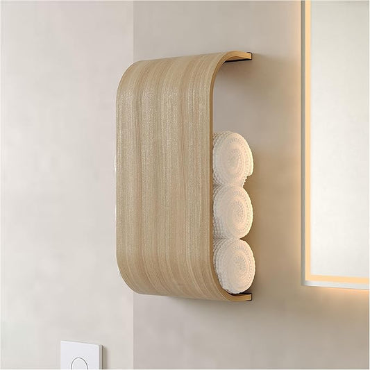 Bathroom Towel Holder, Toilet Paper Holder, Wooden Shelf, Walnut WC Roll Storage, Wall Mount Floating Rolls Rack, Unique Holders for Bathroom, TP Organizer (Oak, Wide)