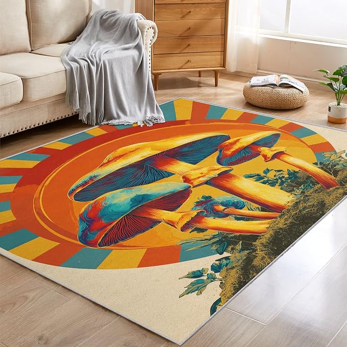 Mushroom Rugs for Home Decor, 5x8 ft, Mid Century Boho Sun Area Rugs for Living Room, Soft Non Slip Washable Retro Trippy Mushroom Carpet Bedroom Decorations Dt-Ghf-69