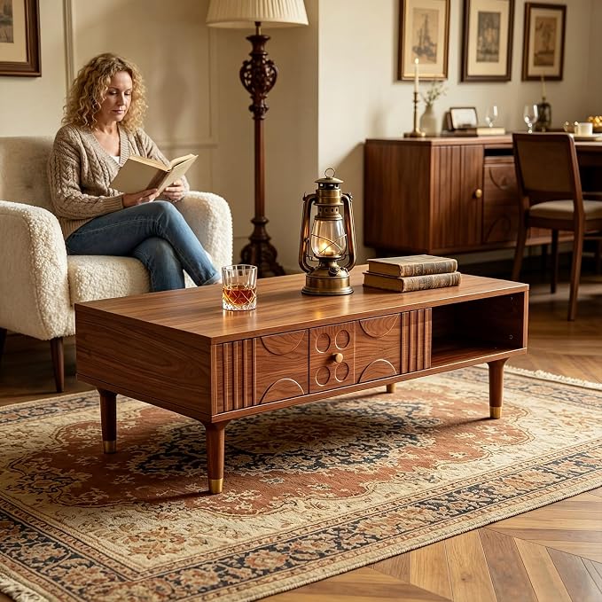 47.2" Coffee Table – Rustic Solid Wood & MDF Coffee Tables, Mid Century Modern Center Table with Tapered Legs for Living Room, Walnut