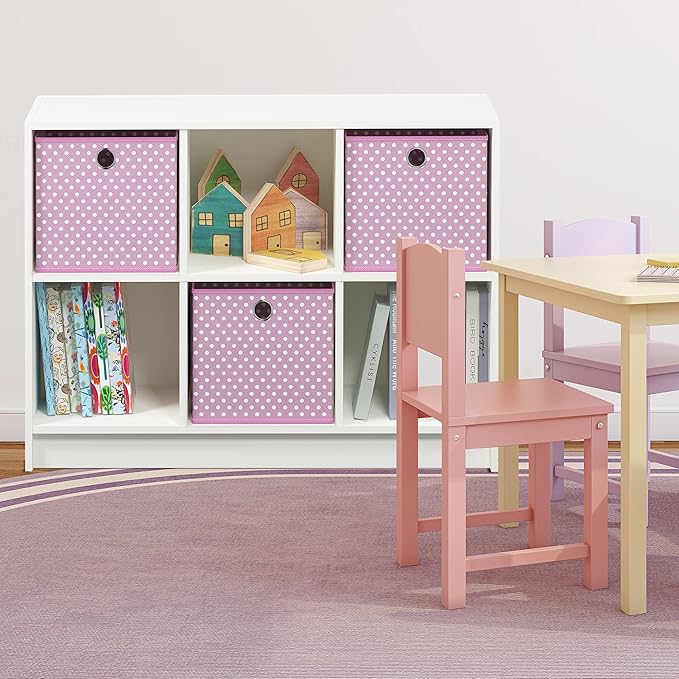 Furinno BASIC Book Shelf, 6-Cube Bookshelf with Open Shelf, 3 x 2 Bookcase with Storage Bins, Closed Back, Horizontal, 11.9 x 31.6 x 23.6, for Living Room, Bedroom, Home Office, White/Pink