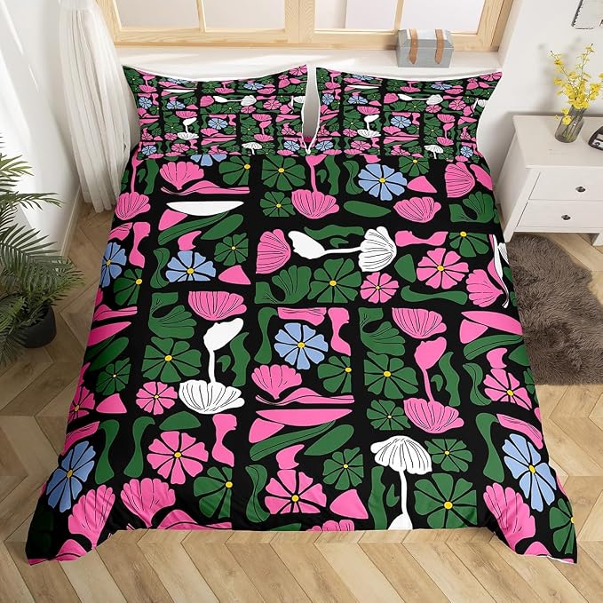 Erosebridal Boho Abstract Floral Duvet Cover Twin Mid Century Modern Bedding Set Vintage Pink Green Floral Comforter Cover for Kids Adults,Aesthetic Patchwork Geometric Bed Set