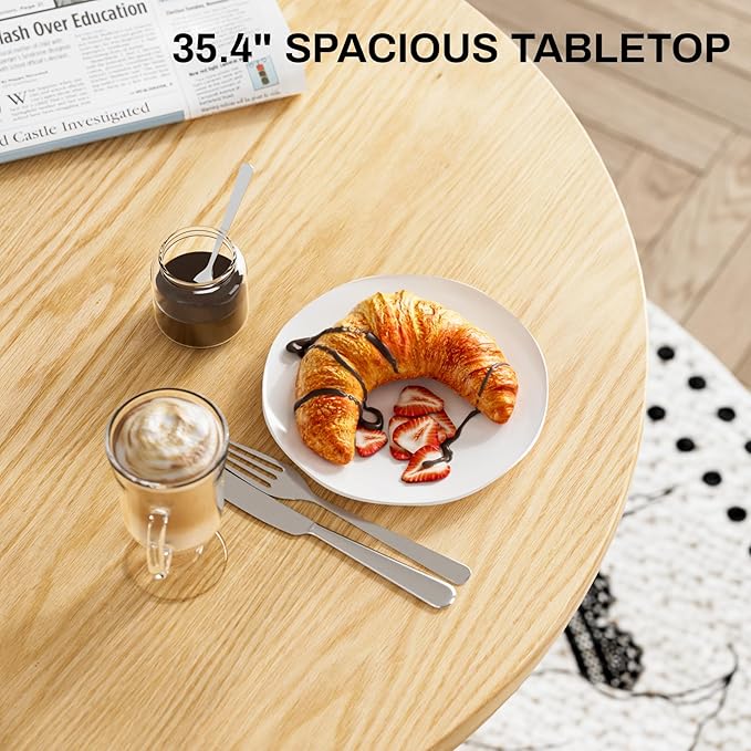Rophefx Round Dining Table, 35.4" Modern Wood Kitchen Table for 2 to 4, Pedestal Circle Dining Tables, Fluted Dining Table for Leisure, Coffee, Kitchen, Dining Room φ35.4" x 29.9"H, Natural Wood Color