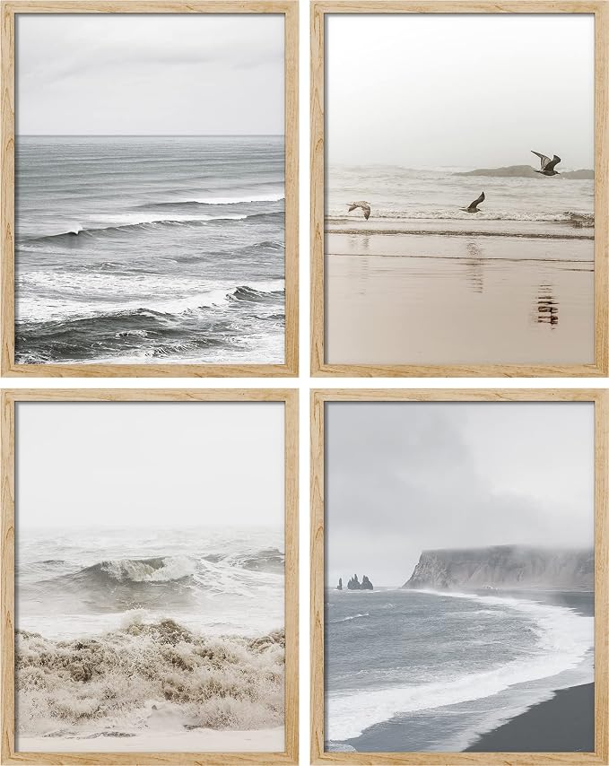 SIGNWIN Framed White Minimal Ocean Beach Seashore Coastals Wall Art, Set of 4 Landscape Colorful Wall Decor Prints, Nature Wilderness Wall Décor for Living Room, Bedroom - 8"x10" Natural