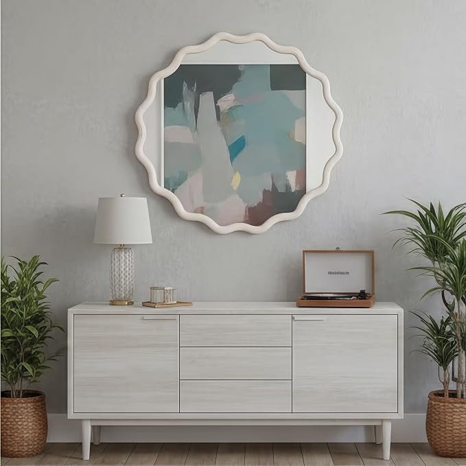 36 Inch Wooden Wavy Round Wall Mirror, Modern Solid Wood Frame Circle Decorative Accent Mirror for Bedroom, Bathroom, Living Room, Entryway, White