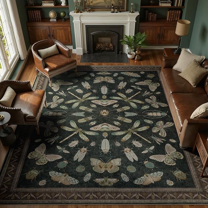 DCX 8x10 Washable Insect Rug, Vintage Gothic Black Rug with Non-Slip Rubber Backing, Soft Low-Pile, Stain-Resistant, Kid & Pet Friendly, for Living Room, Bedroom, Office, and Nature-Themed Decor