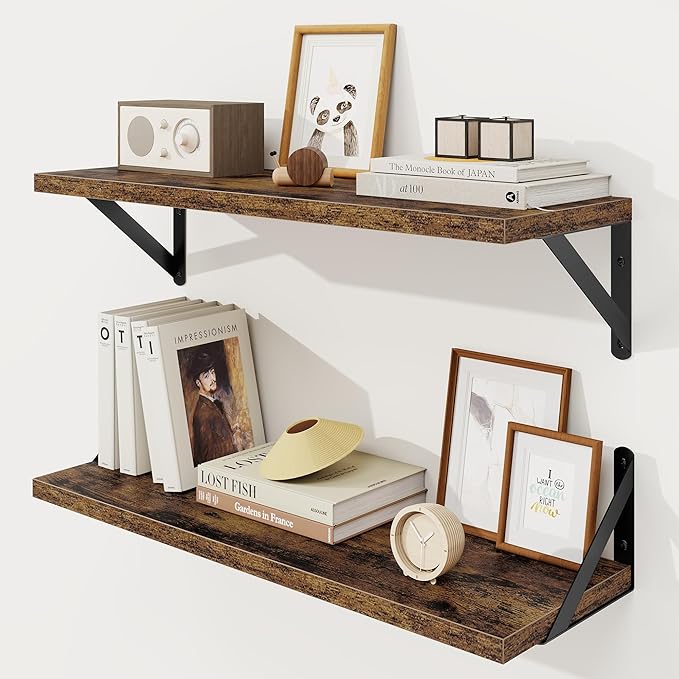 Floating Shelves, 8 Inch Deep Rustic Wood Wall Storage, 24W x 8D Wall Shelves Set of 2, Heavy Duty Metal Brackets, Industrial Book Shelf for Living Room, Kitchen, Bathroom, Bedroom, Brown