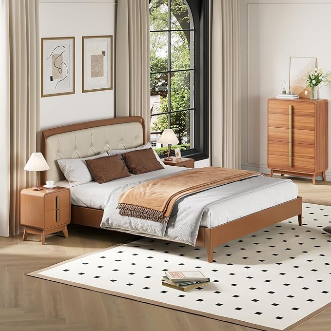 Mid Century Modern Bedroom Sets, 5 Drawer Dresser and Nightstand Sets for Bedroom, Night Stand Set 2 & 5 Drawer Dresser with Gold Handles, Wood Chest of Drawers Storage Cabinet Set, Cherry
