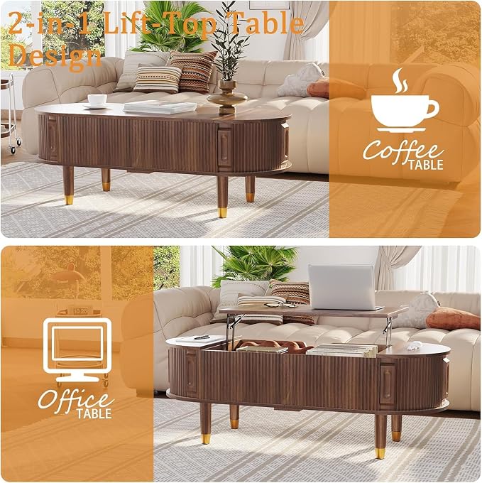 Oval Wood Coffee Table,Fluted Lift Top Coffee Table with Sliding Door and Solid Wood Legs,Suitable for Living Room,Home Office,and Apartment. (Walnut)