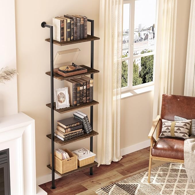 Acovy 5-Tier Bookshelf Solid Wood Ladder Shelf, Narrow Book Shelf Display Shelf, Wooden Bookcase, Wall Mount Ladder Shelf, Storage Rack for Living Room, Bedroom, Industrial Style, Dark Brown