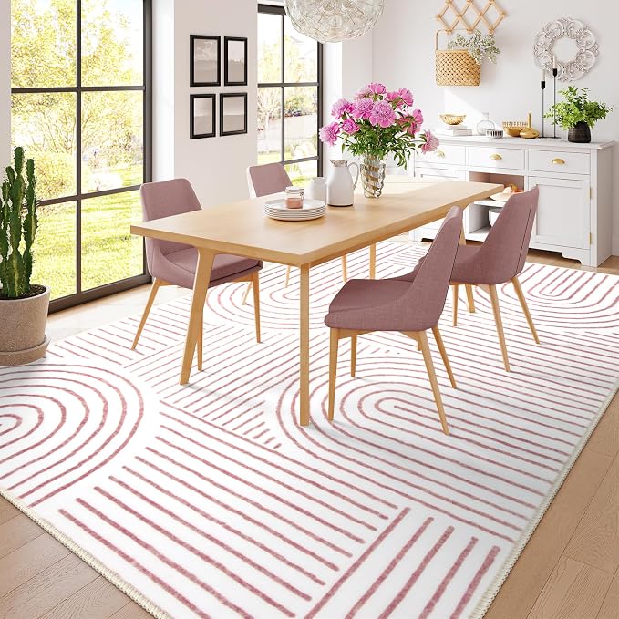 Lahome Abstract 6x9 Area Rugs, Soft Washable Rugs for Living Room Ultra-Thin Non Slip Dining Room Rug, Pink Rug Throw Large Carpet for Bedroom Office Darrell (6'x9',Pink/White)