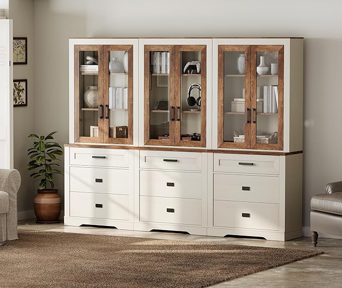 WAMPAT 3 Column 73.3" Tall Bookcase with Glass Door, 94.5" Wide Rustic Wood Bookshelves with Chest of Drawers, Modern Farmhouse Display Cabinet with Adjustable Shelves for Home,Office,White&Oak