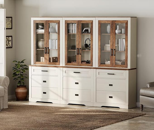 WAMPAT 3 Column 73.3" Tall Bookcase with Glass Door, 94.5" Wide Rustic Wood Bookshelves with Chest of Drawers, Modern Farmhouse Display Cabinet with Adjustable Shelves for Home,Office,White&Oak