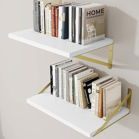 Deep Wall Shelves 16"W x 12"D Engineered Wood Floating Shelves for Wall, Sturdy Metal Bracket(Gold) Bookshelves Home Decor Storage for Living Room Bedroom Bathroom Kitchen, Set of 2, Black Finish
