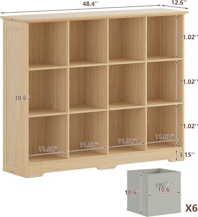 VORONOI 12 Cube Storage Organizer with 6 Fabric Drawers and Removable Shelves — Modular Cube Bookshelf for Bedroom, Living Room, or Home Office, Short Cube Bookcase for Toys, Decor,Natural Wood