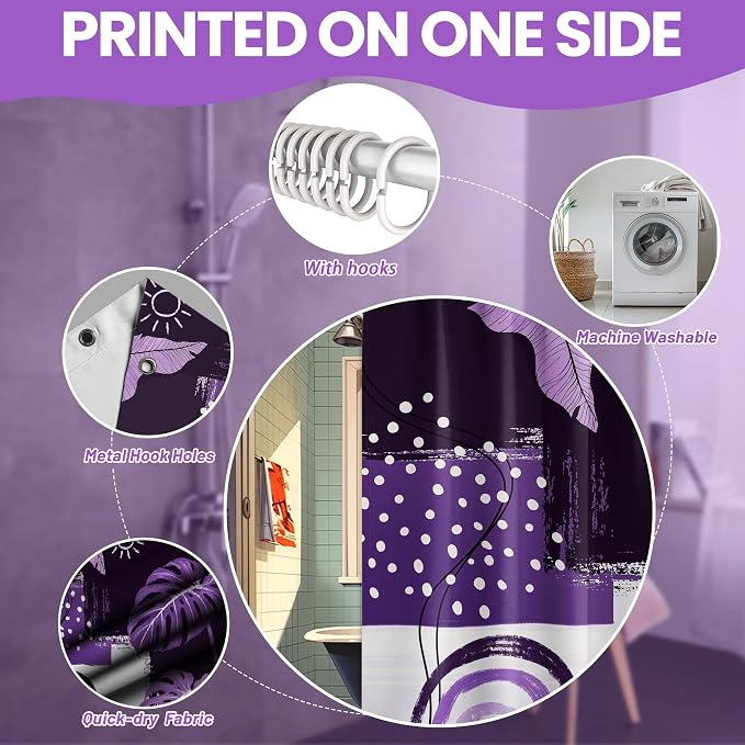 Purple Mid Century Modern Shower Curtain Bohemian Abstract Lavender Shower Curtains for Bathroom Decor Sets, Waterproof Cloth Fabric with Hooks, 70x78 Inch
