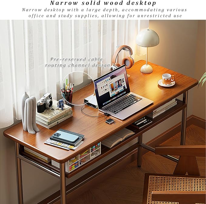 Mid-Century Modern Solid Wood Writing Desk Compact Study Table with Storage Shelf & Stainless Steel Legs Ideal Home Office Workstation for Small Spaces & Bedrooms