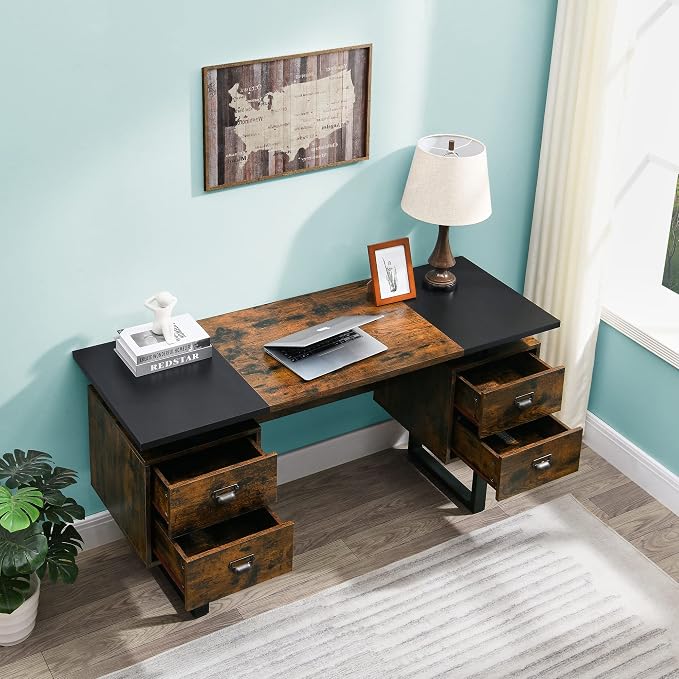 Computer Desk for Home Office with 4 Large Drawers, Rustic Wood Writing Study Table Metal Frame, 59” x 21.7” 29.5”, Color Block Desktop,Easy Assembly, Vintage and Black CTSZ20401CM