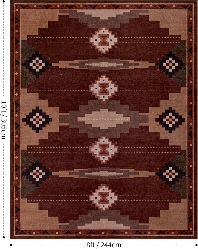 YIHOUSE Navajo Rustic Rug for Living Room, 8x10 Southwestern Area Rug Mid Century Modern Brown Rug Soft Non-Slip Washable Rugs for Bedroom, Dining Room (Brown/Red, 8'x10')