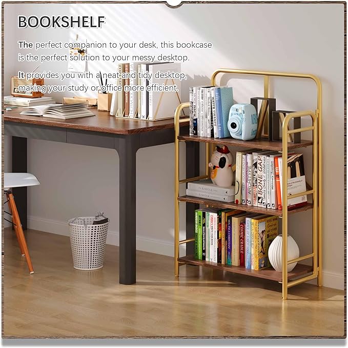 4NM No Assembly Folding Bookshelf, 3 Tiers Collapsible Book Shelves Open Industrial Foldable Storage Bookcase Shelf for Bedroom, Living Room, Home Office - Brown and Gold