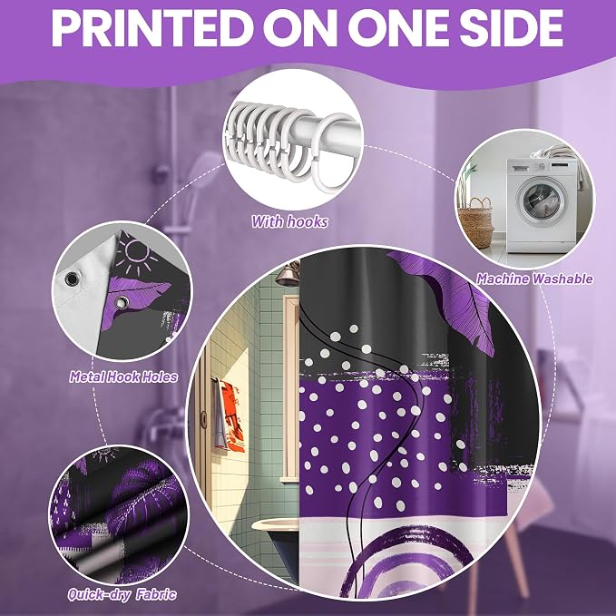 Purple and Gray Mid Century Modern Shower Curtain Bohemian Abstract Dark Purple and Grey Shower Curtains for Bathroom Decor Sets, Waterproof Cloth Fabric with Hooks, 72x84 Inch
