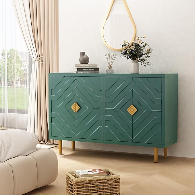 HLR 48" Accent Cabinet with 4 Doors and Shelves, Modern Sideboard Buffet Cabinet with Decorative Embossed Pattern Doors, Credenza Storage Cabinet for Living Room, Kitchen, Dining Room, Hallway