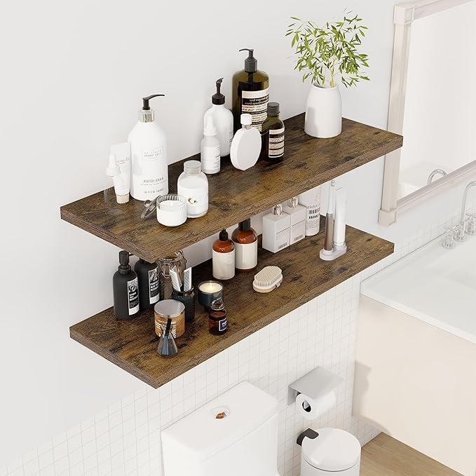 Dreamland 40" Floating Shelves for Wall, 12" Deep Slim Rustic Brown Floating Shelves, Wall-Mounted Shelves for Bedroom, Living Room, Kitchen, Bathroom - Set of 2