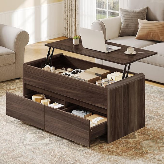 Coffee Table Lift Top, 40 Inch Multi-Function Coffee Table with 2 Drawers, Hidden Compartment, Curved Profile Design, Converts to Home Office Table, Dining Table for Living Room, Walnut